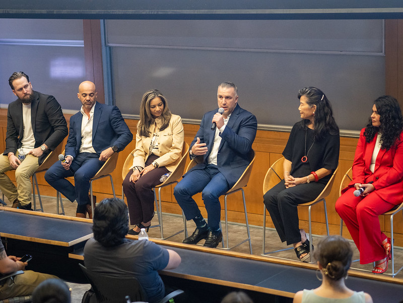 Alumni panelists Raul Duarte, Luis Fernandez, Victoria Durkin, Andrew Yanez, Sharon Fine and Stefania Herrera (left to right) share their experiences and insights with incoming graduate students.