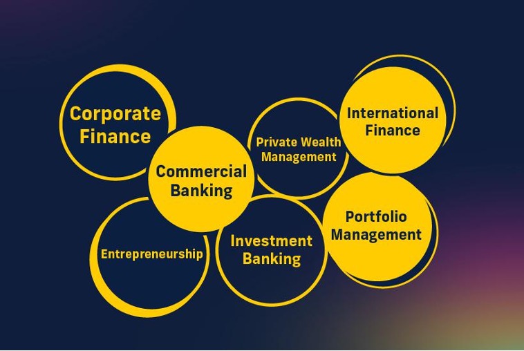 Infographic highlighting Commerical Banking, Portfolio Management and International Finance