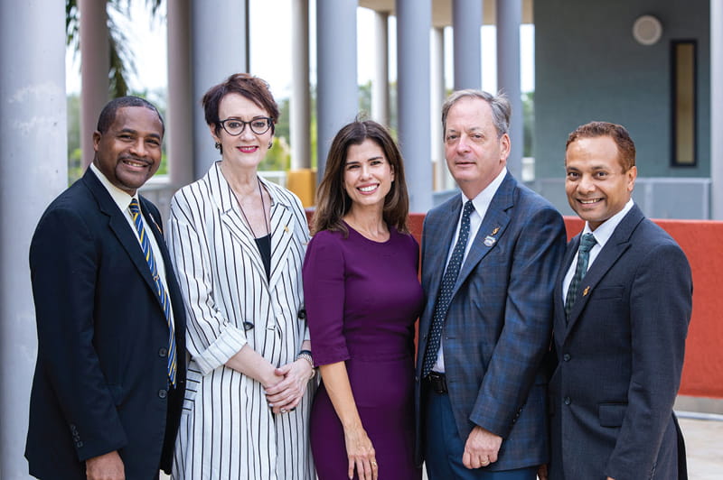 Donald Roomes, university instructor; Chris Carosella, CEO, Beta Gamma Sigma; Barbara Pestana Cartaya, head of U.S. sales and marketing for Neostrata, Johnson & Johnson; William Hardin, associate dean, Chapman Graduate School; and Arijit Sengupta, associate dean, accreditation and technology systems, at the fall 2019 Beta Gamma Sigma Induction Ceremony.