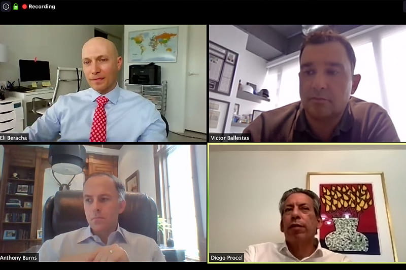 Eli Beracha, director, Hollo School of Real Estate, Victor Ballestas, principal, Integra Investments, Anthony Burns, copresident, Plaza Equity Partners and Diego Procel, principal, Global City, at the spring 2020 Hollo School of Real Estate panel discussion which was held via Zoom.