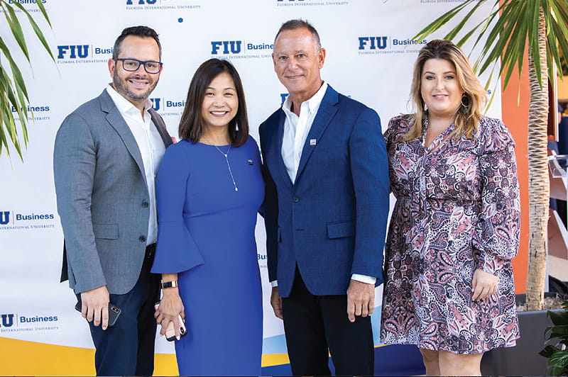 George Corton, chief development officer and senior associate vice president, development, FIU Foundation; Dean Joanne Li, Carlos Sabater, retired senior global partner, Deloitte; and Jennifer Quintana, executive director, development and alumni relations, FIU Business, at the Deloitte Foundation-Sabater Scholars Program announcement.