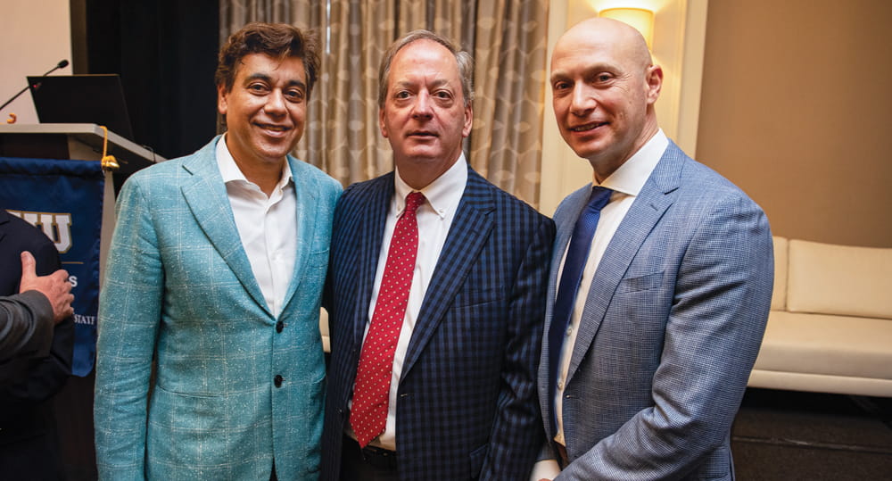 (L to R) Deepak Ohri, executive-in-residence, FIU Business’s Pino Global Entrepreneurship Center; William Hardin, dean, FIU Business; and Eli Beracha, director, Hollo School of Real Estate, on March 22, 2022, at a Wertheim Lecture Series panel session on hospitalitization of the real estate industry.