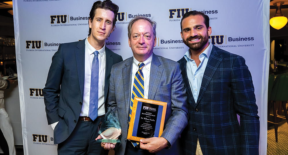 (L to R) Alvaro Trueba, managing director, Avanti Way Realty; William Hardin, dean, FIU Business; and Arturo Borges, managing partner, Avanti Way Capital, at the Master of Science in International Real Estate program summer 2022 graduation dinner.