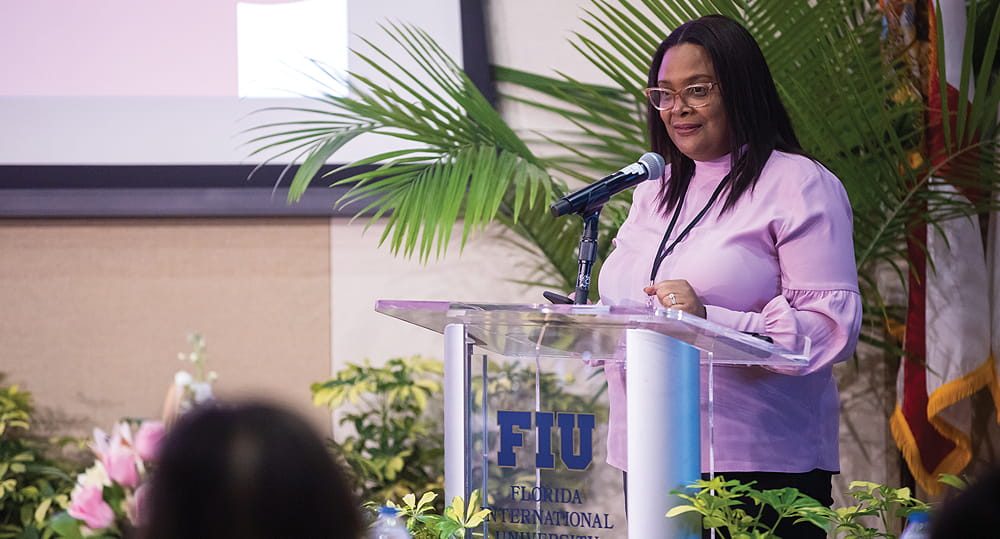 Karlene Cousins, chair, Department of Information Systems and Business Analytics, April 22, 2002, at the ATOM x AIS Analytics & Blockchain Challenge: Envisioning the Next Generation of Business Intelligence!