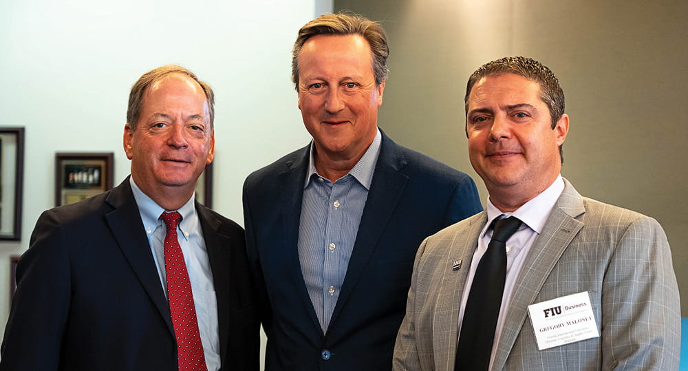 (L to R) William Hardin, dean, FIU Business; David Cameron, former prime minister of the United Kingdom; and Greg Maloney, associate teaching professor, FIU Business, at a Q A with students, alumni and business leaders at FIU Business on April 25, 2023.