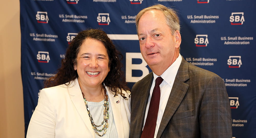 (L to R) Isabella Casillas Guzman, administrator, U.S. Small Business Administration, and William Hardin, dean, FIU Business, at a meeting where Guzman signed a strategic alliance memorandum with the CEO of the American Jewish Committee in an effort to fight antisemitism. The meeting was held at FIU Business on July 12, 2023.