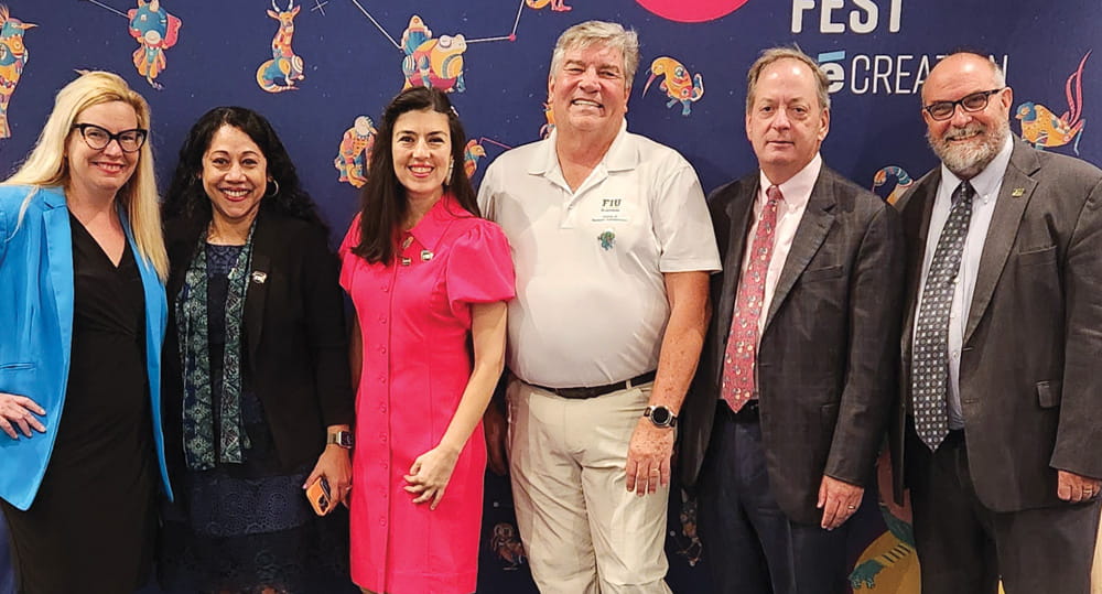 (L to R) Nancy Richmond, associate teaching professor of marketing and logistics, FIU Business; Suchi Mishra, professor of finance and associate dean, faculty affairs, FIU Business; Sungu Armagan, teaching professor of global leadership and management, FIU Business; George Marakas, professor of information systems and business analytics and associate dean, research and doctoral studies, FIU Business; William Hardin, dean, FIU Business; and Brian Schriner, dean, FIU College of Communication, Architecture + The Arts, at the World Happiness Fest on March 23, 2023.