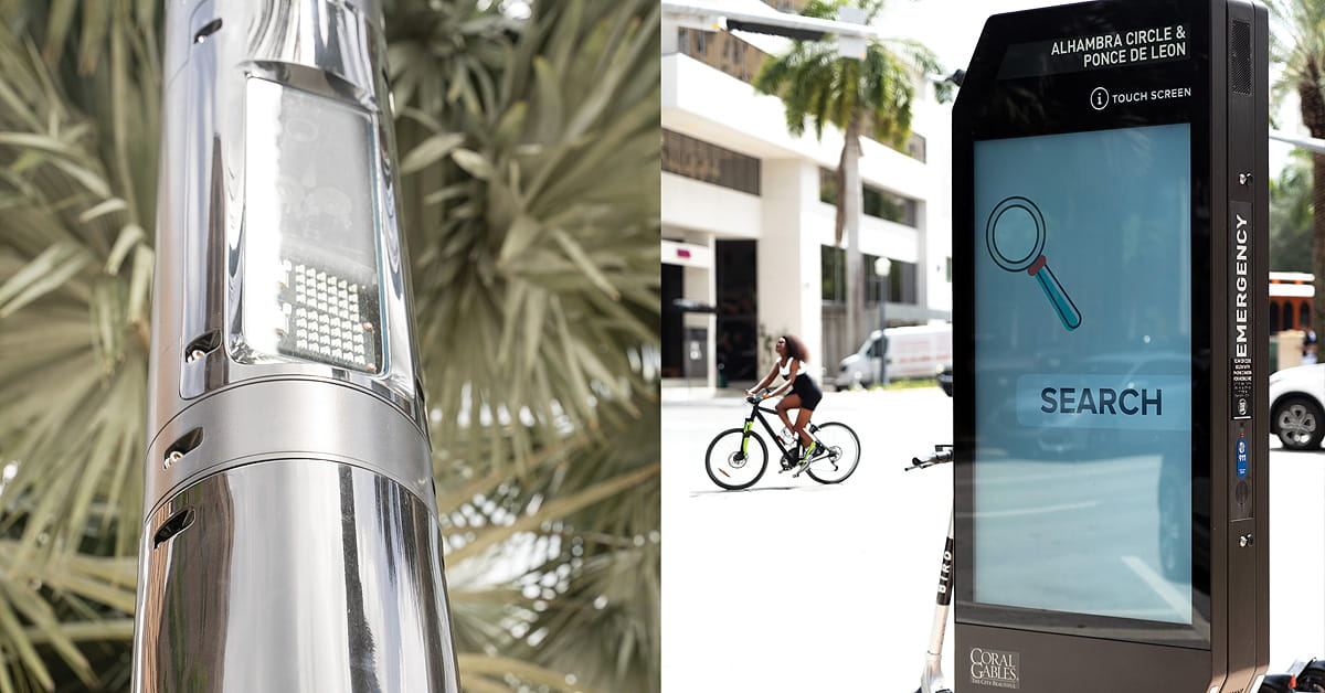 Smart pole sensors deliver real-time traffic and pedestrian data to the Community Intelligence Center in Coral Gables, Florida and smart kiosks provide access to city services, current traffic conditions and transit information.