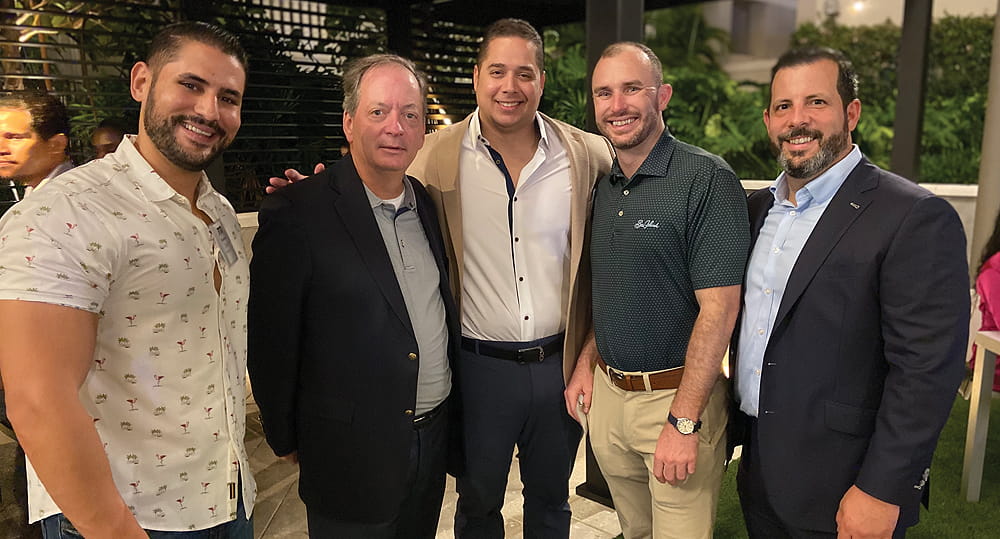 (L to R) Zavier Moreno (MSF ’14, MSIRE ’14, BBA ’12), senior asset manager, Adler Real Estate Partners; William Hardin, dean, FIU Business; Rafael Romero, senior vice president, JLL; David Blount (MSIRE ’13), principal, Foundry Commercial; Benny Gonzalez (BBA ’03), senior vice president corporate banking, PNC Bank, at the FIU Business Alumni Rooftop Reception on February 10, 2023.