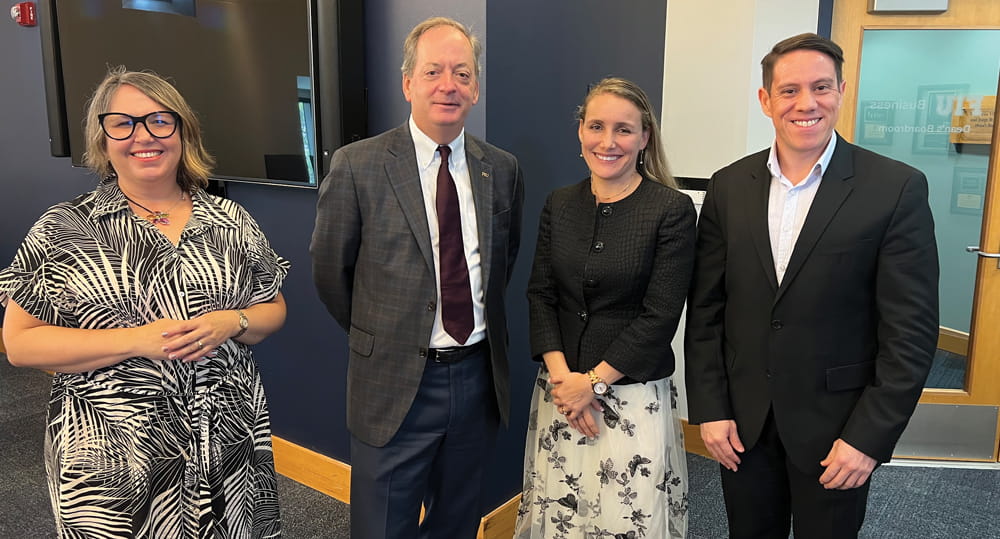 (L to R) Patricia Ugalde, consul general of Costa Rica in Miami; William Hardin, dean, FIU Business; Andrea Arias Gomez, president of the board, Centro Latinoamericano De Innovacion y Emprendimiento (CELIEM); and Luis Alvarez Soto, executive director, CELIEM, at a signing ceremony for a memorandum of understanding on September 2, 2022, at FIU Business.