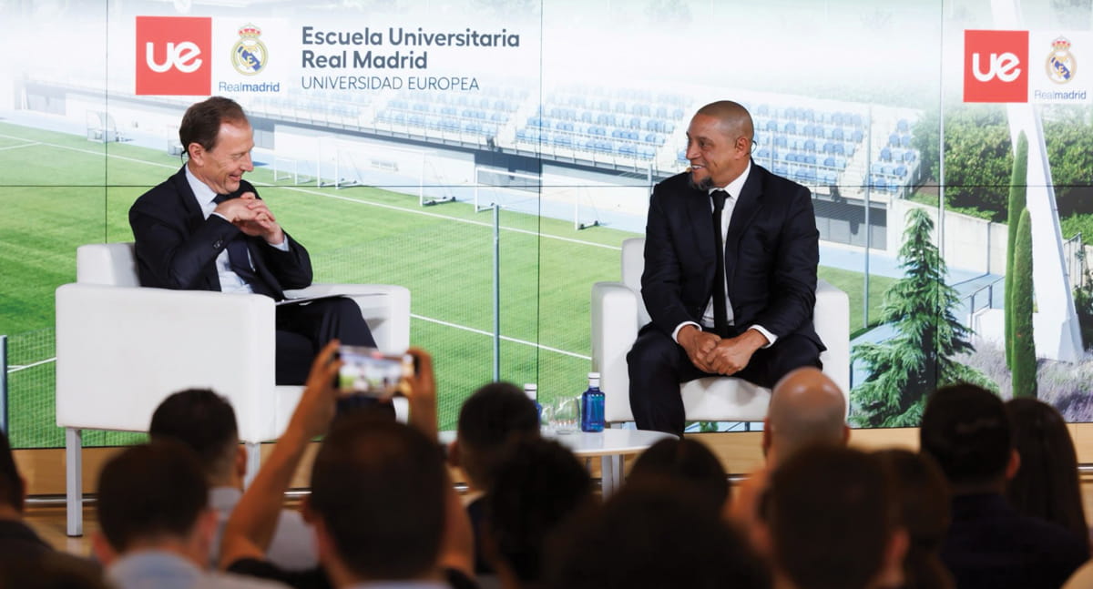 (L to R) Legendary Real Madrid football club players Emilio Butragueno and Robert Carlos, who shared stories behind their successes with FIU Business Professional MBA students on June 18, 2024, during the programs annual study trip to Spain.