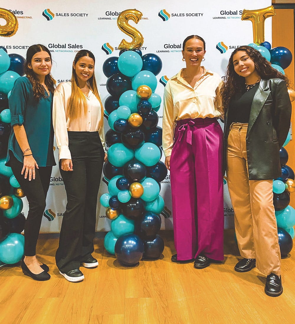 (L to R) Katherine Navas; Luisa Moreno; Kalli Stephens; and Guadalupe Velazquez, all FIU Business students, at the FIU Business Global Bilingual Sales Competition on April 7, 2023.
