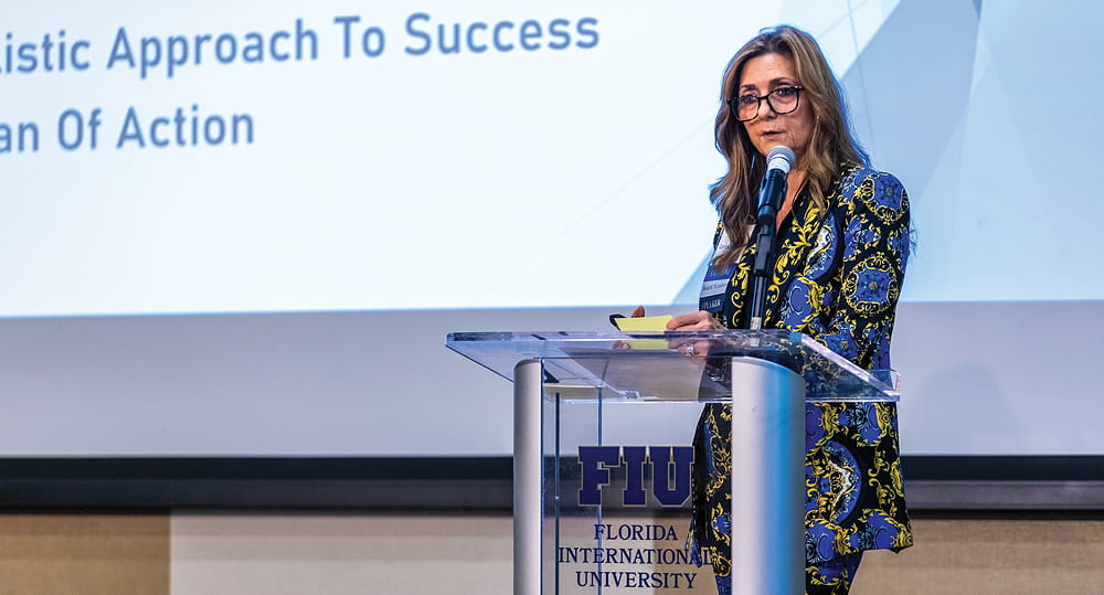 Carmen Ackerman (MSM '19), vice president of membership services and community engagement at the Orange Bowl Committee, at the Master of Science in Marketing speaker series at FIU Business on February 20, 2024.