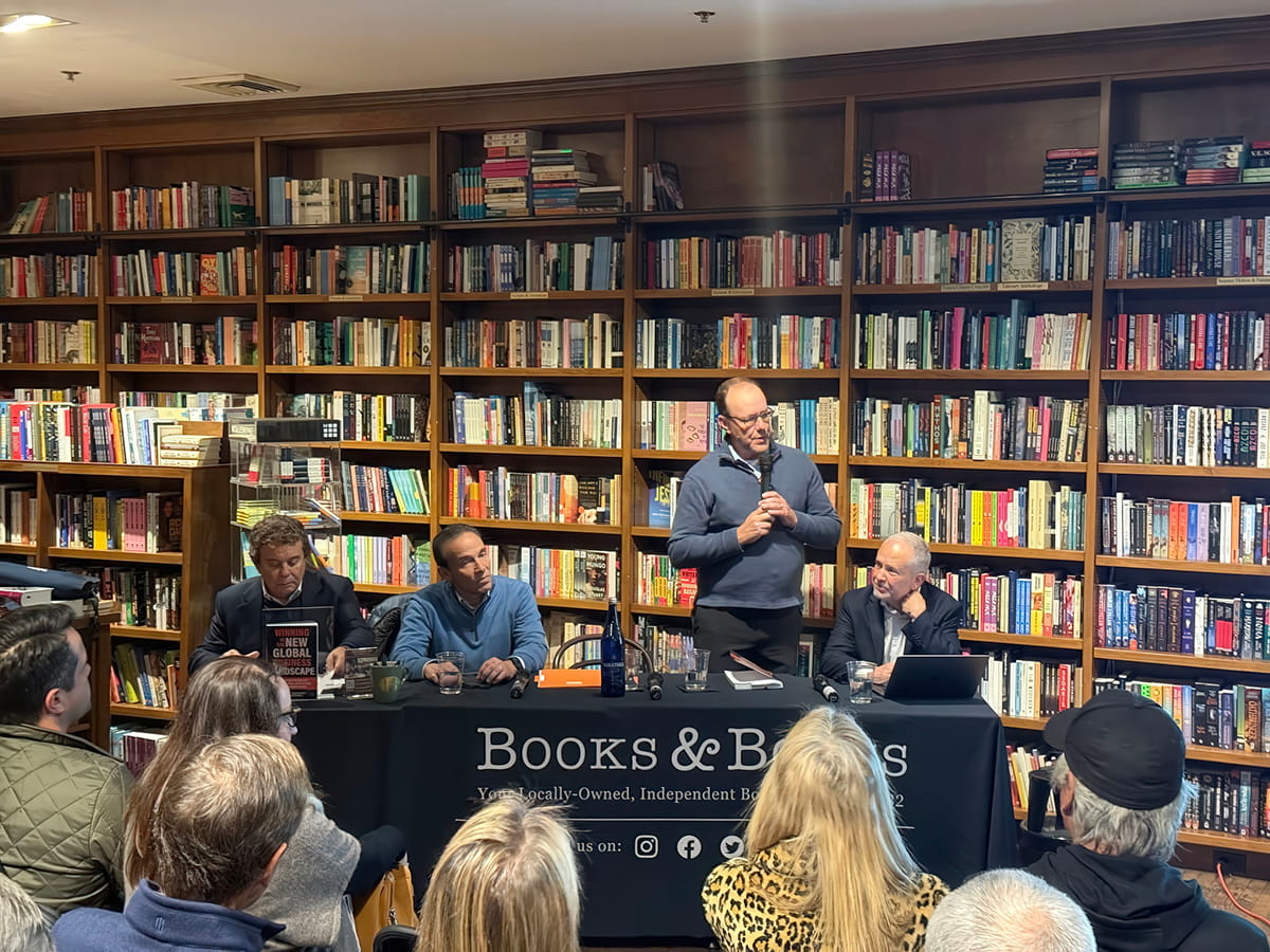 Jerry Haar, clinical professor of international business at FIU Business; Ricardo Ernst, professor of operations and global supply chains at Georgetown University; Tom Hudson, senior economics editor of WLRN; and Santiago Gutierrez, executive editor of Latin Trade at the release of a new book by Haar and his co-authors Ernst and Gutierrez, at Book & Books in Coral Gables, February 1, 2026.