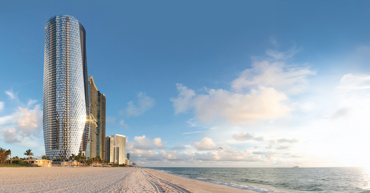 Construction began in March 2024 on the Bentley Residences in Sunny Isles Beach, Florida, which will feature a diamond-patterned glass façade. Rendering credit: Bezer Developmente.