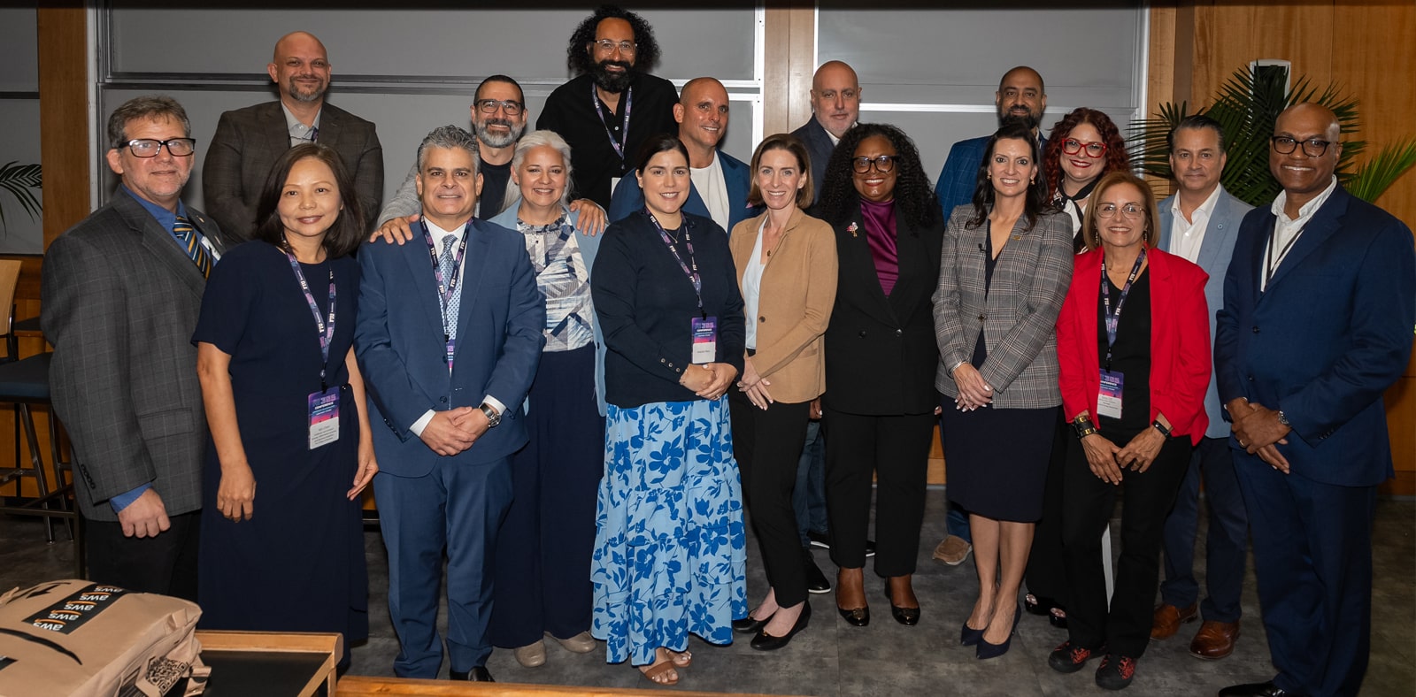 FIU President Jeanette M. Nunez,  who delivered the keynote address, joins event organizers and panelists at the inaugural AI 305 Conference hosted by FIU Business.