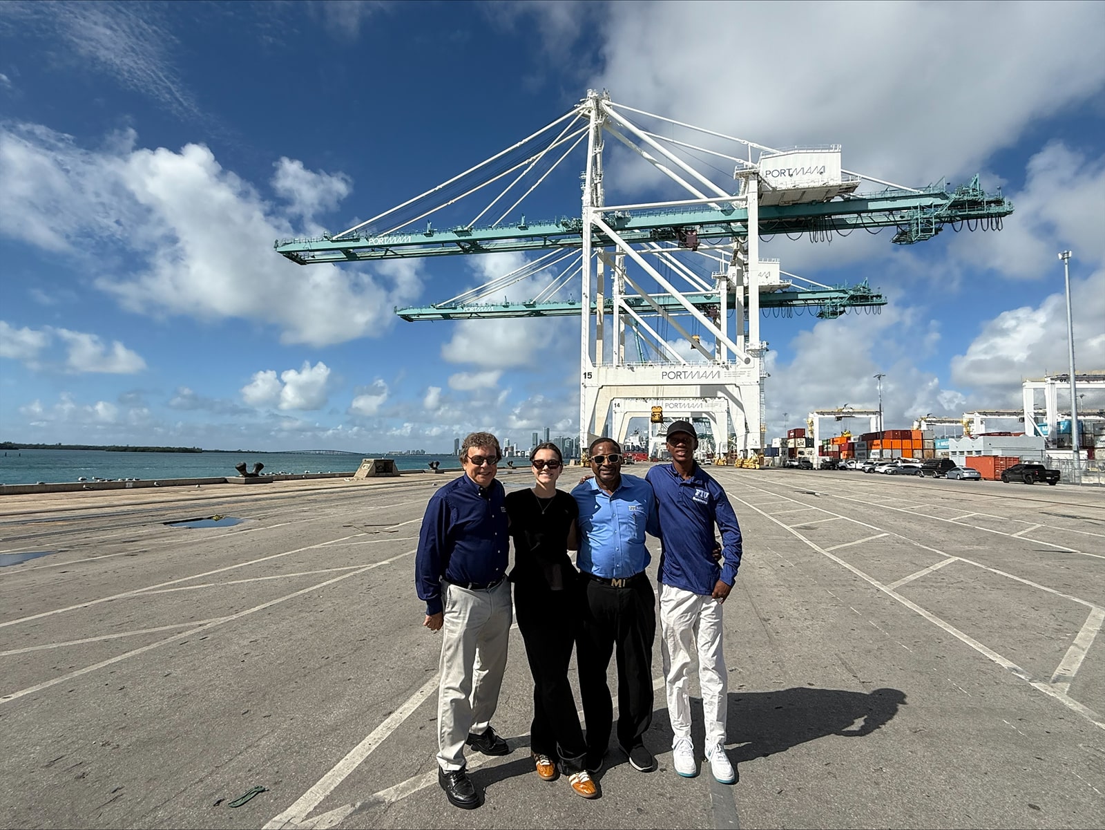Global Business Ambassadors Lucille Hassell and Mshawi Ikner, with professors Jerry Haar and Donald Roomes at Port Miami.