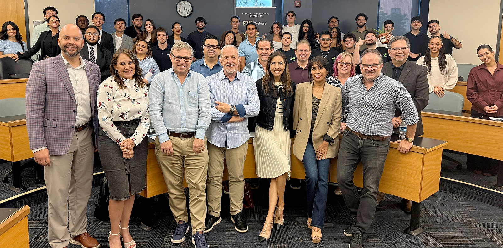 Judges and student founders following the semester’s final pitches.